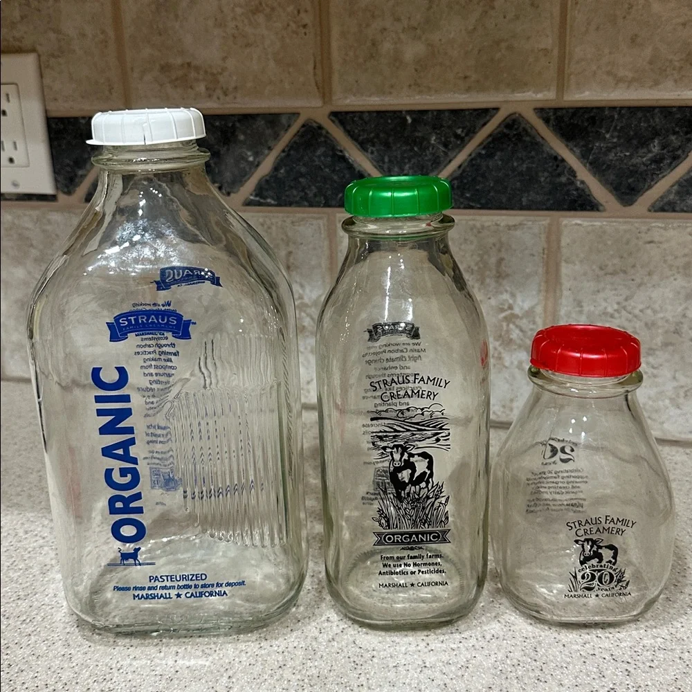 Straus Family Creamery Milk Glass Bottles Set of 3